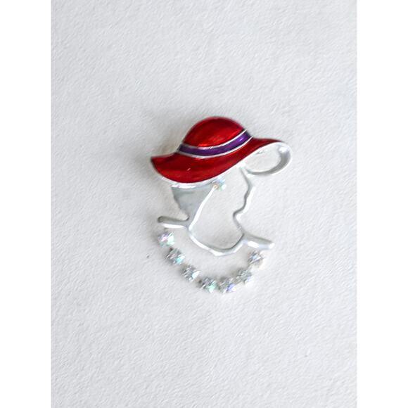 Vintage Lady Red Hat Brooch Pin Enamel Aurora Borealis Crystal Silver Tone - Picture 3 of 6